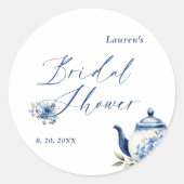 水彩花卉蓝色茶会婚前派对 ラウンドシール (正面)