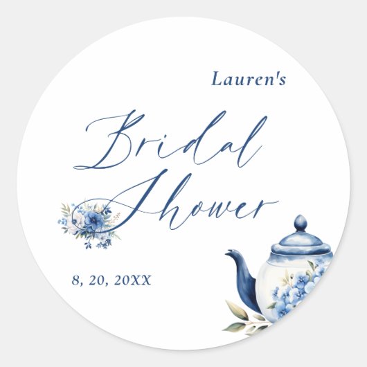 水彩花卉蓝色茶会 婚前小聚会 ラウンドシール (正面)