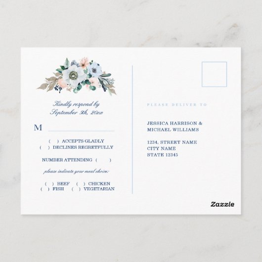 水彩花卉藍色條紋海灘婚禮回覆卡 ポストカード (裏面)