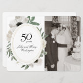 水彩花卉金色照片50周年記念 招待状 (正面/裏面)