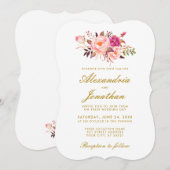 水彩花卉金色玫瑰粉色婚礼BR 招待状 (正面/裏面)