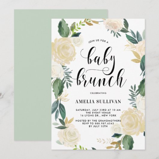 水彩花卉闪光婴儿淋浴早午餐 招待状 (正面/裏面)