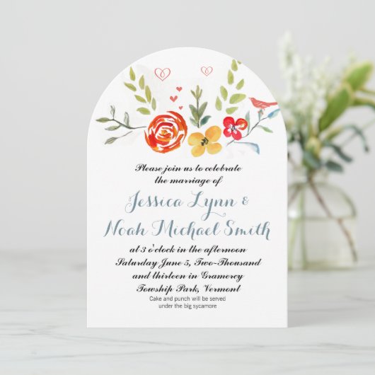 水彩花卉黄色珊瑚蔚蓝蓝色婚礼 招待状 (スタンド正面)