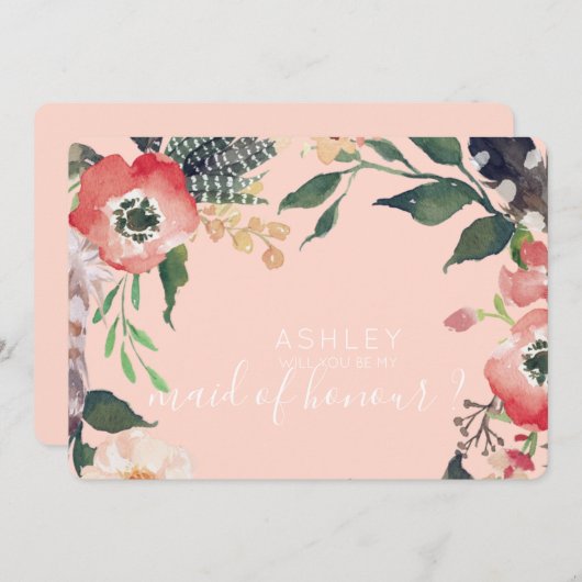 水彩花卉-你愿意成为我的伴娘吗 姓名 招待状 (正面/裏面)