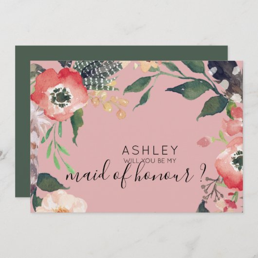 水彩花卉-你愿意成为我的伴娘吗 姓名 招待状 (正面/裏面)