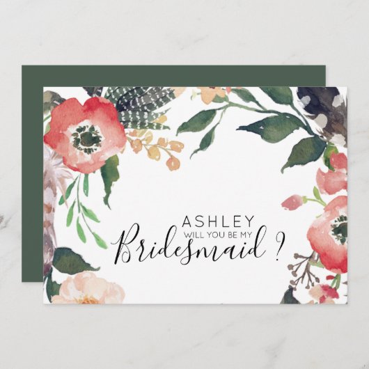 水彩花卉-你愿意成为我的伴娘吗 姓名 招待状 (正面/裏面)