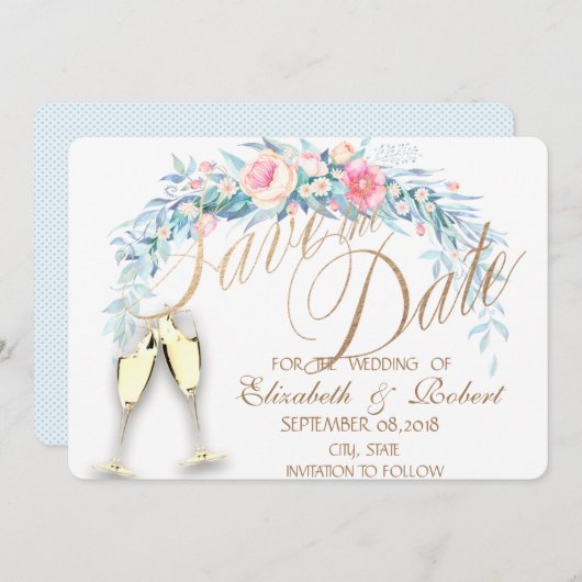 水彩花卉、圆点酒杯 保存日期 セーブザデート (正面/裏面)