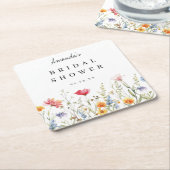 水彩花卉 婚前シャワー スクエアペーパーコースター (アングル)
