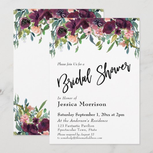 水彩花卉 婚前小聚 字体设计 招待状 (正面/裏面)