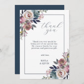 水彩花卉 尘土玫瑰色 紫红色 海军蓝 サンキューカード (正面/裏面)