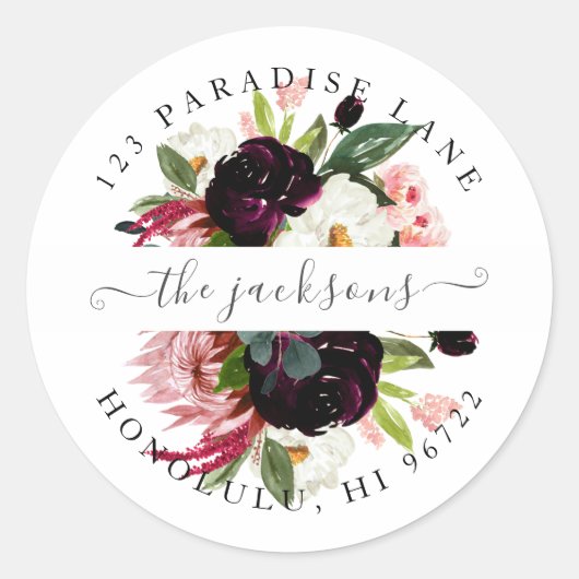 水彩花卉 桃花色+酒红色 适用于任何场合 ラウンドシール (正面)