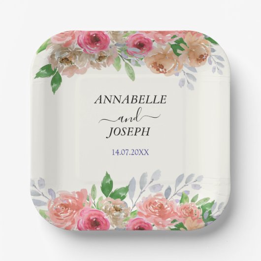 水彩花卉 现代植物婚礼 ペーパープレート (正面)