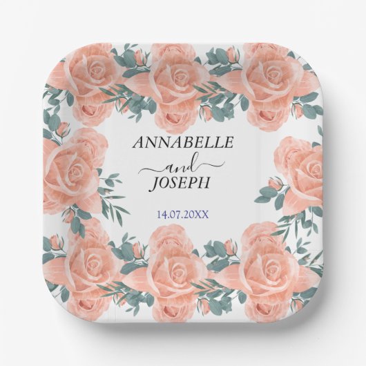 水彩花卉 现代植物婚礼 ペーパープレート (正面)