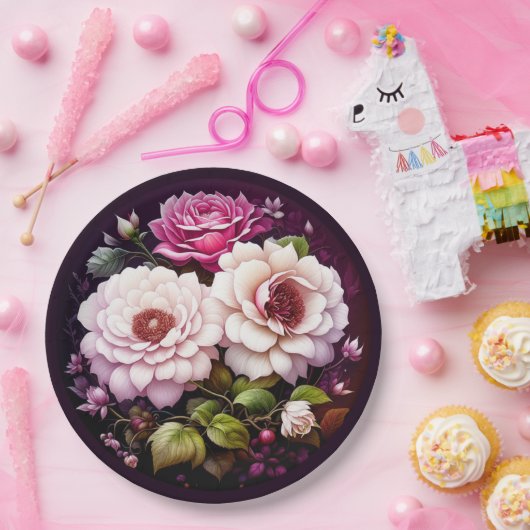 水彩花卉 粉色和紫色花朵 ペーパープレート (パーティー)