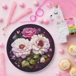 水彩花卉 粉色紫色花朵 ペーパープレート