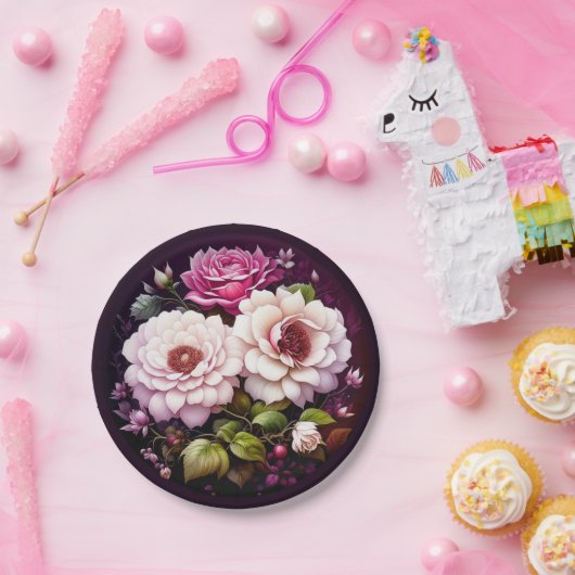 水彩花卉 粉色紫色花朵 ペーパープレート (パーティー)