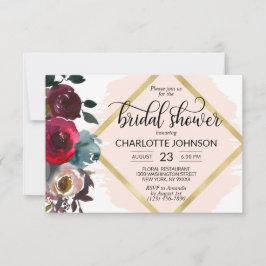 水彩花卉 粉色 栗色 金色 婚前派对邀请函 招待状