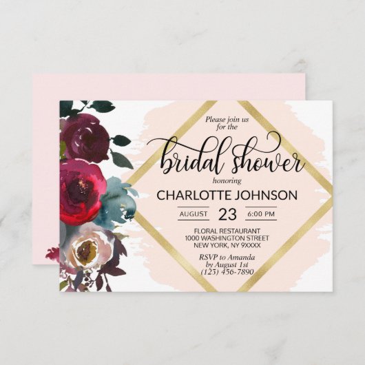 水彩花卉 粉色 栗色 金色 婚前派对邀请函 招待状 (正面/裏面)