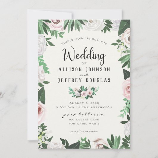 水彩花卉 粉色 白色 绿色婚礼贺卡 招待状 (正面)