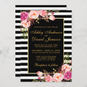 水彩花卉 粉色 金色 黑色 条纹婚礼 招待状 (正面/裏面)