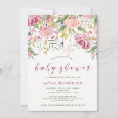 水彩花卉 粉金色 花卉 婴儿淋浴邀请 招待状 (正面)