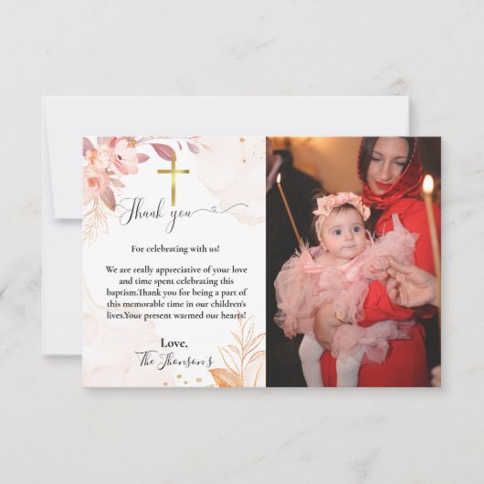 水彩花卉 Baptism 感謝カード 招待状 (正面)