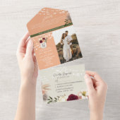 水彩花卉 Burgundy 和桃色婚礼 オールインワン招待状 (貼ってはがせる)