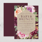 水彩花卉 Burgundy 紅色早午餐嬰兒洗禮派對 招待状 (正面/裏面)
