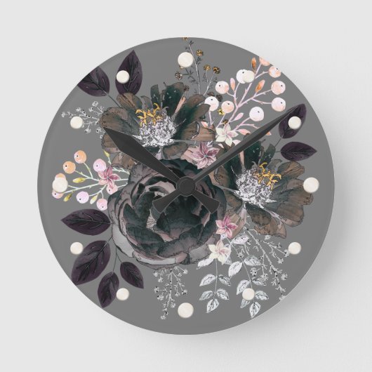 水彩花単色花束スタイリッシュ ラウンド壁時計 (正面)