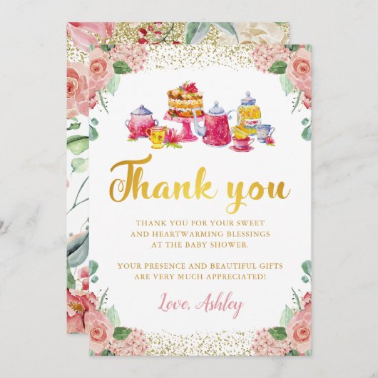 水彩花園ティーパーティー感謝カード 招待状 (正面/裏面)