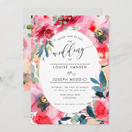 水彩花夏バラ赤グラデーション結婚色 招待状 (正面/裏面)