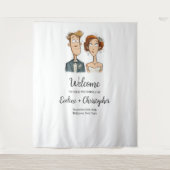 水彩花嫁と花婿結婚のバナー予測できな タペストリー (正面)