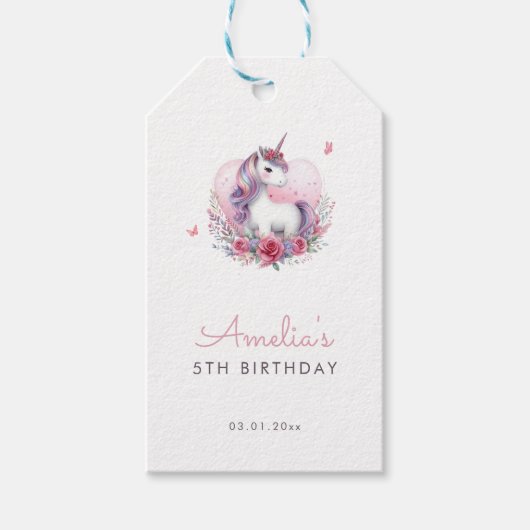 水彩花弁ユニコーンの魔法の誕生日パーティー ギフトタグ (正面)