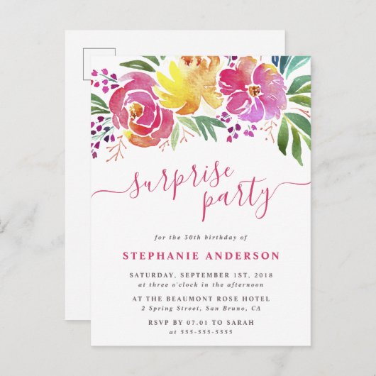 水彩花手書きサプライズパーティー インビテーションポストカード (正面/裏面)