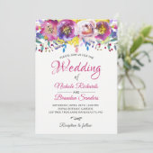 水彩花明るい赤紫色金ゴールド結婚フローラ 招待状 (スタンド正面)
