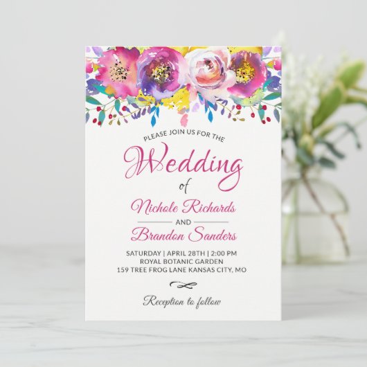 水彩花明るい赤紫色金ゴールド結婚フローラ 招待状 (スタンド正面)