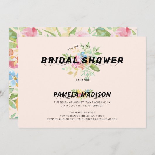 水彩花束とモダンなタイポグラフィ 招待状 (正面/裏面)