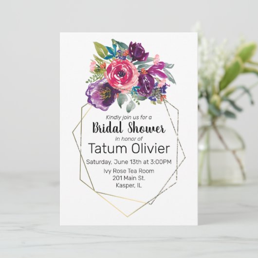 水彩花束ジオメトリ金ゴールド枠 招待状 (スタンド正面)