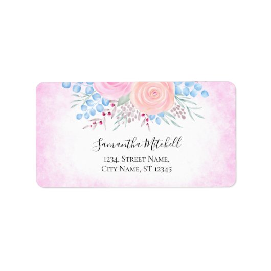 水彩花束ピンクローゼブルー葉ズ ラベル (正面)