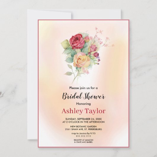 水彩花束赤面バラフローラブライダルシャワー 招待状 (正面)