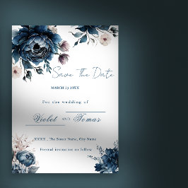 水彩花束 ネイビーブルー Save The Date 招待状