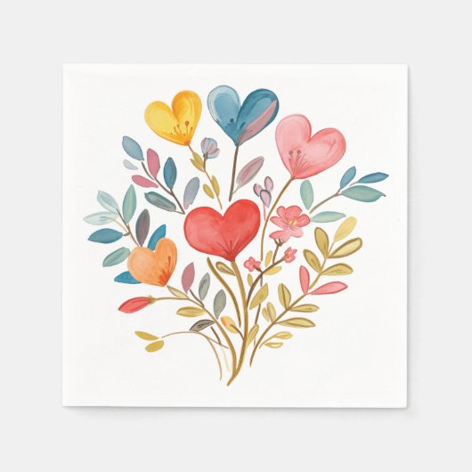 水彩花束(ハートと葉付) スタンダードカクテルナプキン (正面)