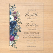 水彩花束 プラム ネイビーブルー ウェディング アクリル招待状 (正面)