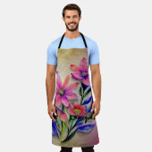 水彩花束、背カラフル景 エプロン (着用した状態)