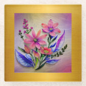 水彩花束、背カラフル景 ガラスコースター (正面)