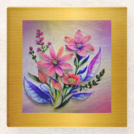 水彩花束、背カラフル景 ガラスコースター