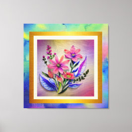 水彩花束、背カラフル景 キャンバスプリント