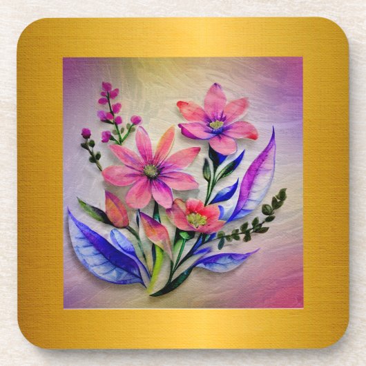 水彩花束、背カラフル景 コースター (正面)