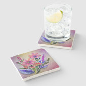 水彩花束、背カラフル景 ストーンコースター (横)