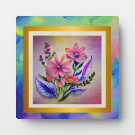 水彩花束、背カラフル景 フォトプラーク